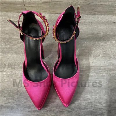 Luxury Women High Heel Shoes Platform Sandals Pointed Toe Woman Silk Pumps Sexy Rhinestone Buckle Chunky Heel Wedding Shoes 2024 rose red