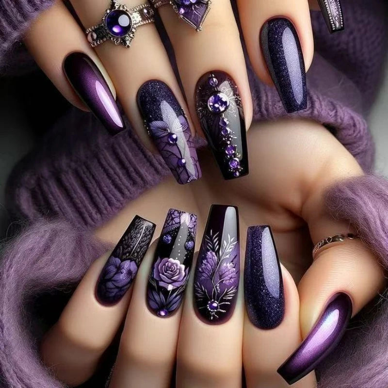 Purple Flower Press on Nails 24Pcs Almond/Coffin Wearable Fake Nails Flower Printed Woman DIY Manicure Acrylic False Nails Tips Y1