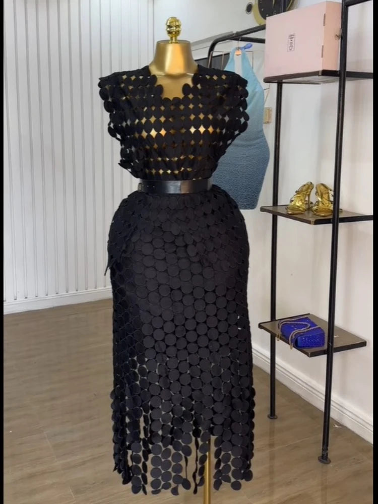 CM.YAYA Women Cutout O-neck Crop Top and Bodycon Midi Slim Maxi Long Skirt Suit 2025 Summer Vacation Sexy Two 2Piece Set Outfits