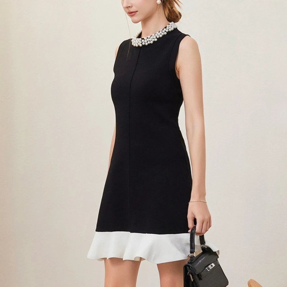 Hit Color Slimming Spliced Bead Elegant Mini Dresses for Women Round Neck Sleeveless Patchwork Ruffles Dress Female