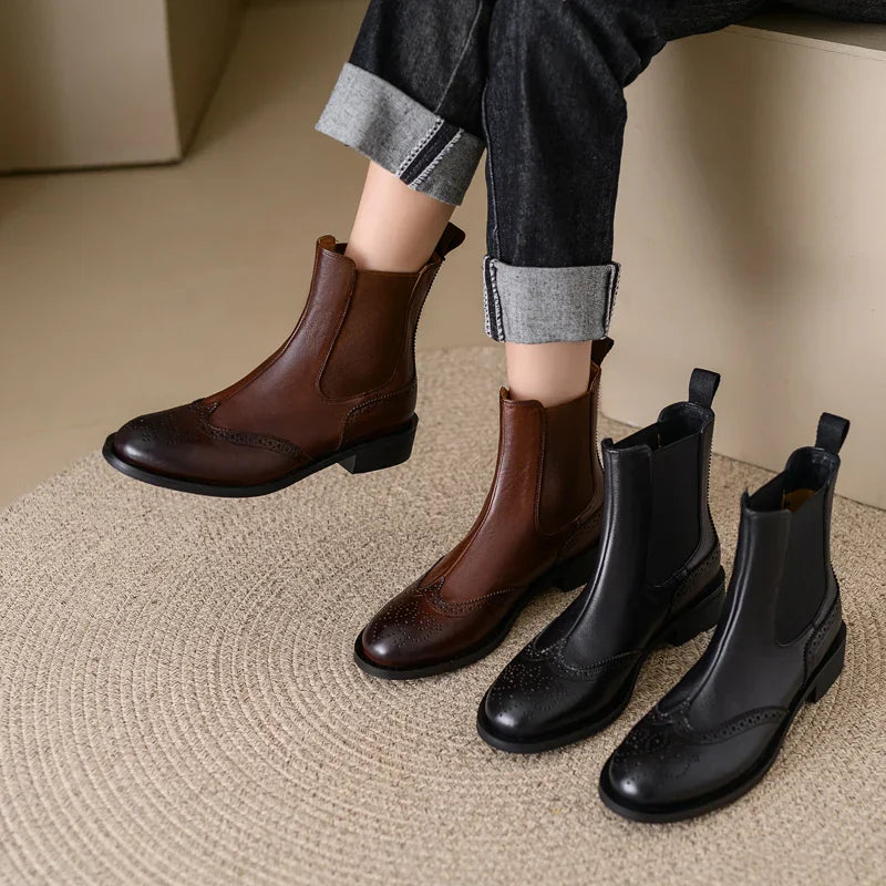 New Autumn Genuine Leather Women Boots Round Toe Ankle Boots for Women Chunky Heels Block Winter Boots Chelsea Boots