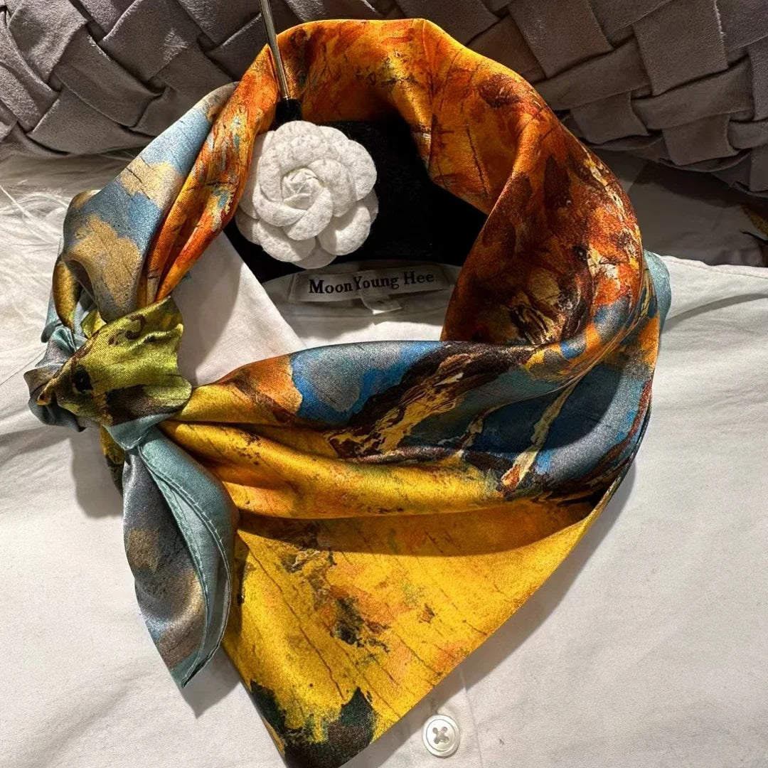 BYSIFA| New Grey Blue Silk Scarf Fashion Floral Design 70cm Square Scarves Fall Winter Neck Scarf Hijab Sweet Headband 65*65cm brich forest