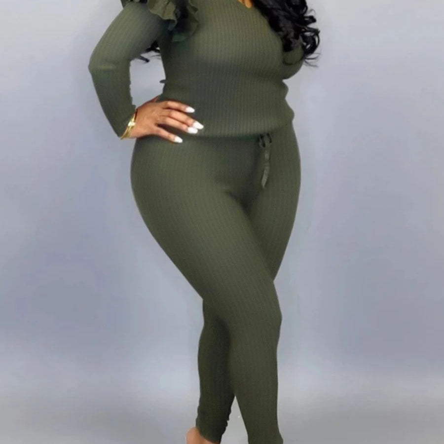 4XL 5XL LW Plus Size Trendy V Neck Striped Yellow Two-piece Pants Set Spring Women Basic Plain Ruffles Female Matching Suit green