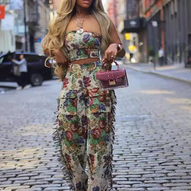 Fashion Print Women's Set Strapless Top and Wide Leg tassel Pants Summer Cargo Street Two 2 Piece Set Outfit Tracksuit Apricot