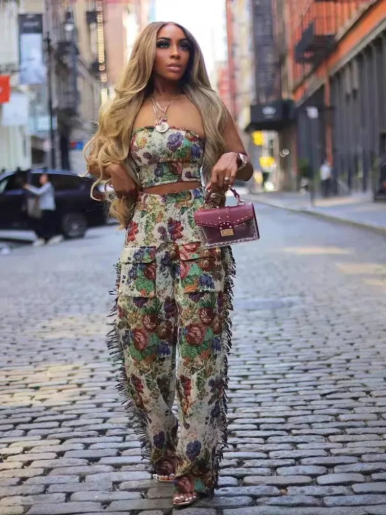 Fashion Print Women's Set Strapless Top and Wide Leg tassel Pants Summer Cargo Street Two 2 Piece Set Outfit Tracksuit Apricot