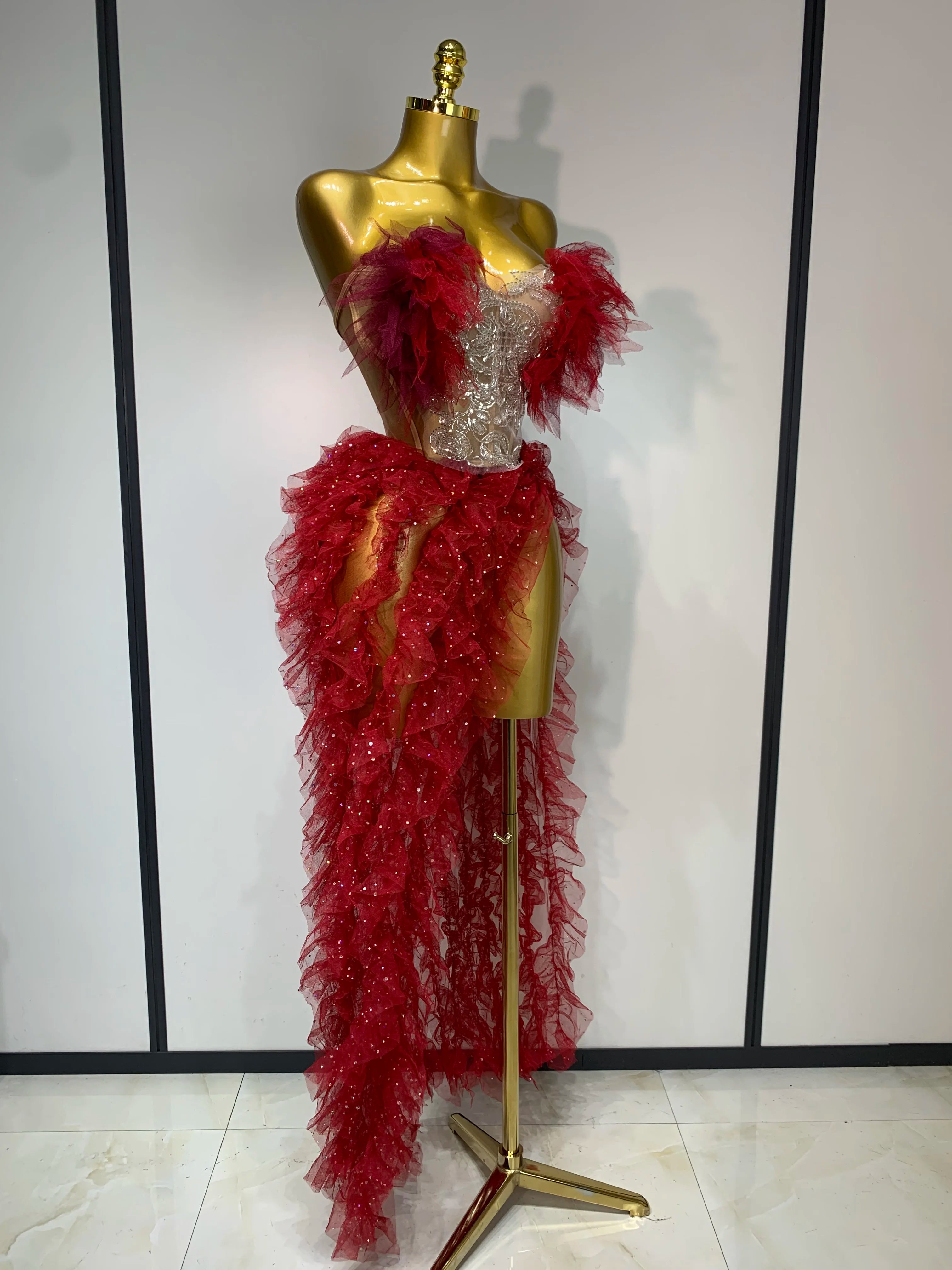 Women Sexy Strapless Mesh two Pieces Set Bodycon Long Dress High Split Nightclub Party Luxury Birthday Singer Stage Outfit