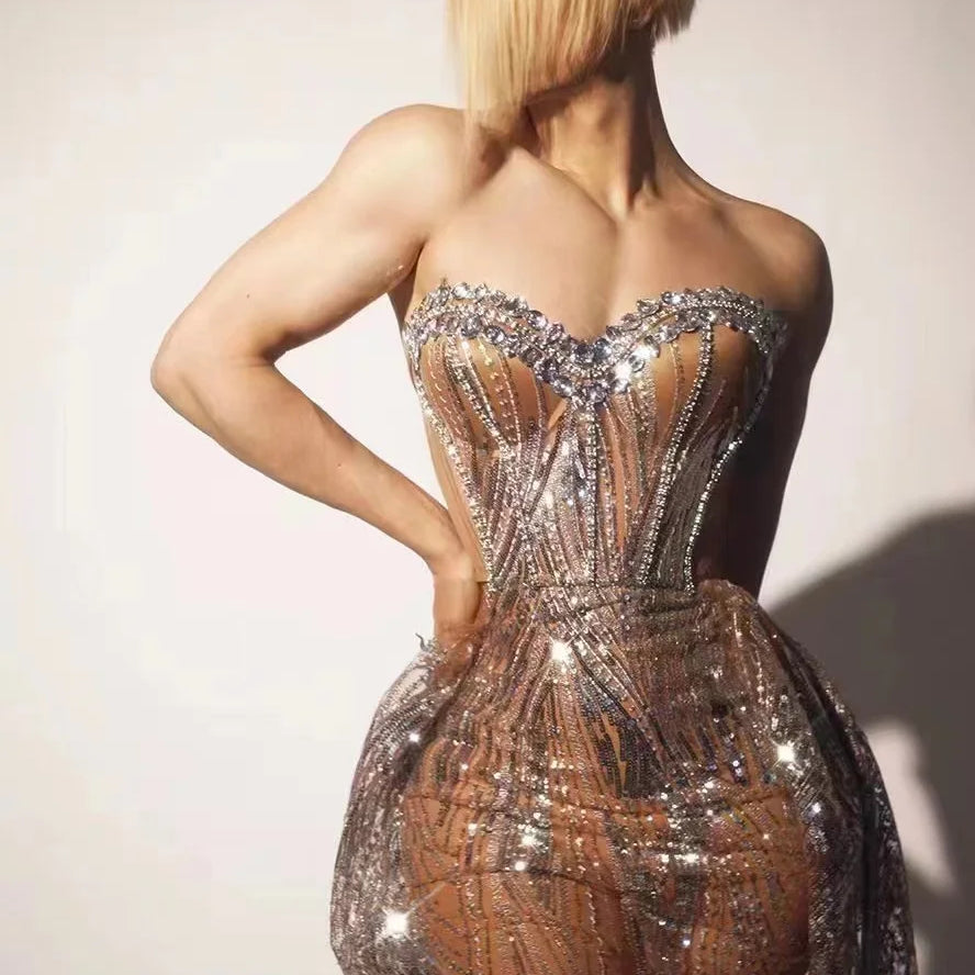 2024 Silver Sparkly Crystal Women Strapless Laced-up 2 Pieces Long Dress Celebrate Birthday Photo Shoot Performance