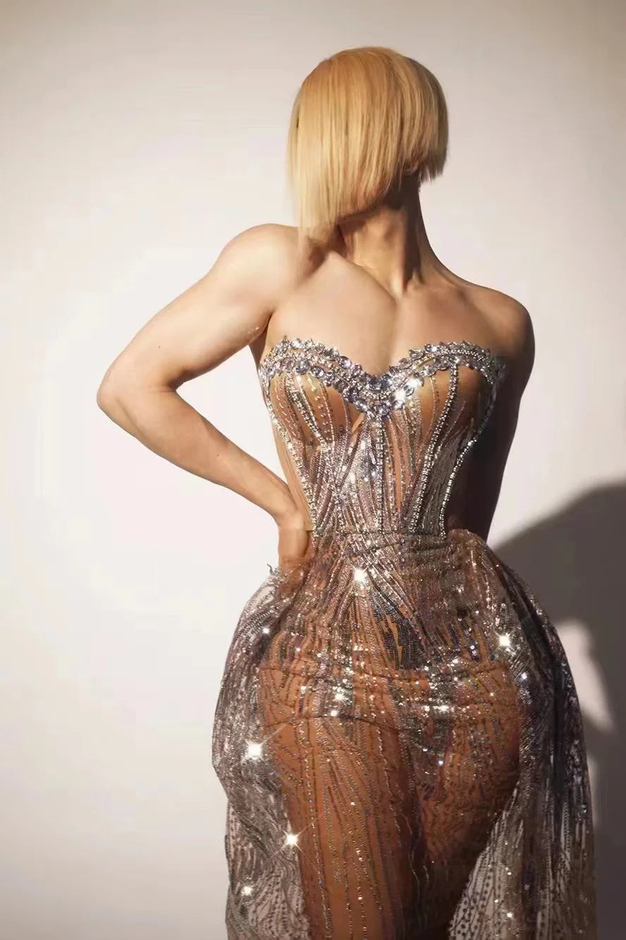 2024 Silver Sparkly Crystal Women Strapless Laced-up 2 Pieces Long Dress Celebrate Birthday Photo Shoot Performance