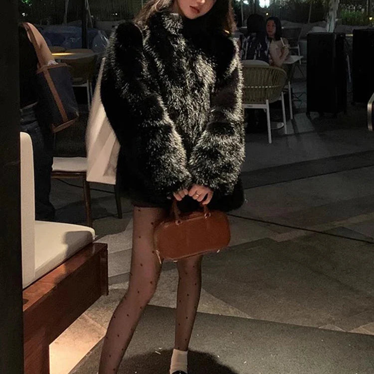Autumn Winter Black Soft Thick Warm Hairy Shaggy Faux Fox Fur Coat Women Stand Collar Long Sleeve Fluffy Jacket 2023