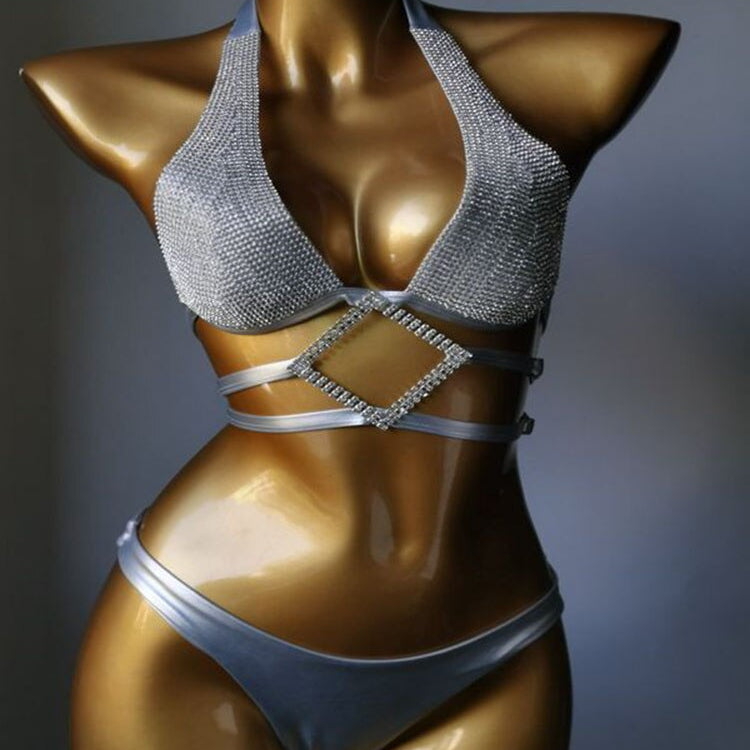 Swimwear Bikini Sets Swimsuit 2024 Summer Beach Shiny Crystal Rhinestone Padded Push Up Bikinis Set Outfits For Women Silver 2