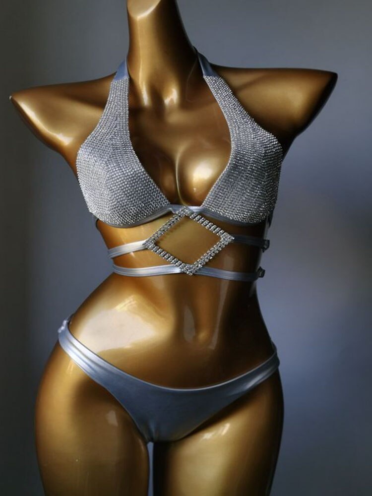 Swimwear Bikini Sets Swimsuit 2024 Summer Beach Shiny Crystal Rhinestone Padded Push Up Bikinis Set Outfits For Women Silver 2