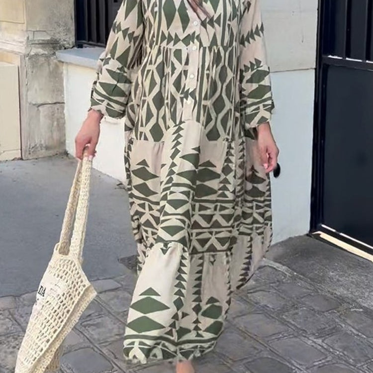 Women Print Shirt Maxi Dress Summer Vintage Boho Long Sleeve Pleated Dress Ladies Oversize Loose Buttons V Neck Dress Vestido Green