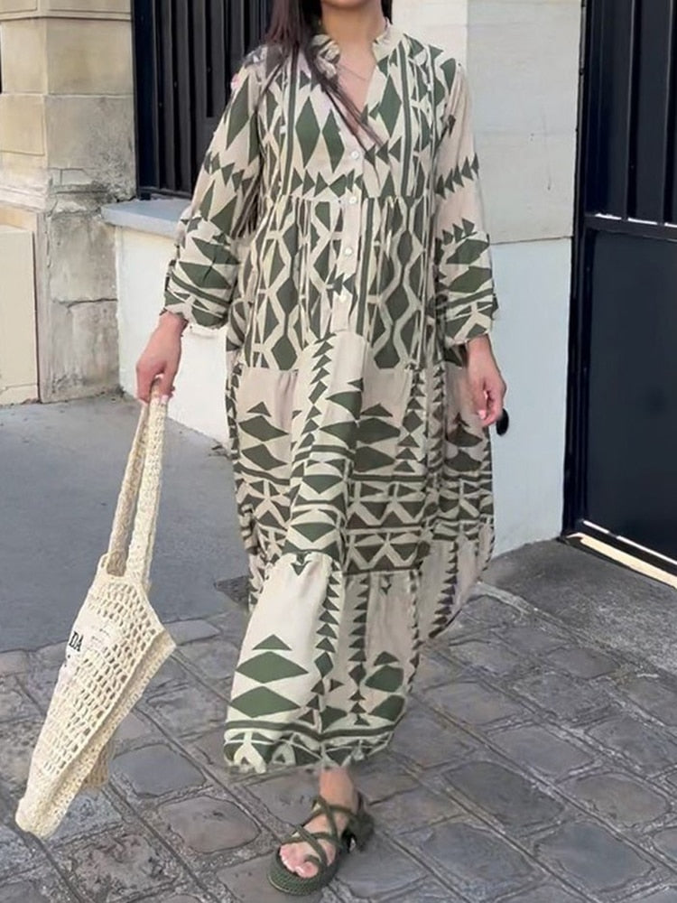 Women Print Shirt Maxi Dress Summer Vintage Boho Long Sleeve Pleated Dress Ladies Oversize Loose Buttons V Neck Dress Vestido Green