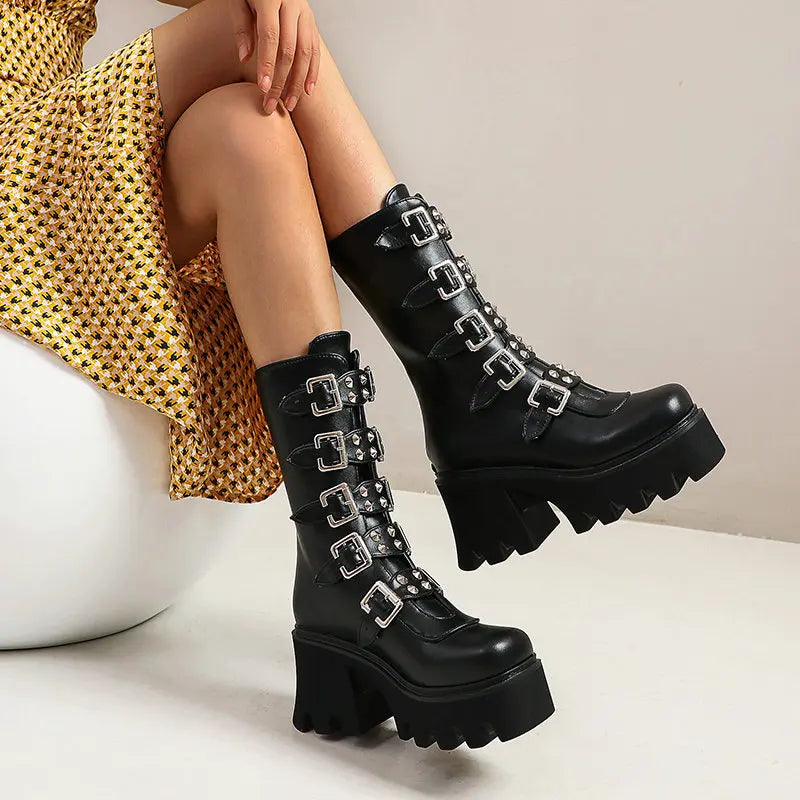 Maogu 2023 Platform Gothic Shoes Leather Women's Black High Boots Female High Heels Women Combat Punk Chunky Ladies Booties 43