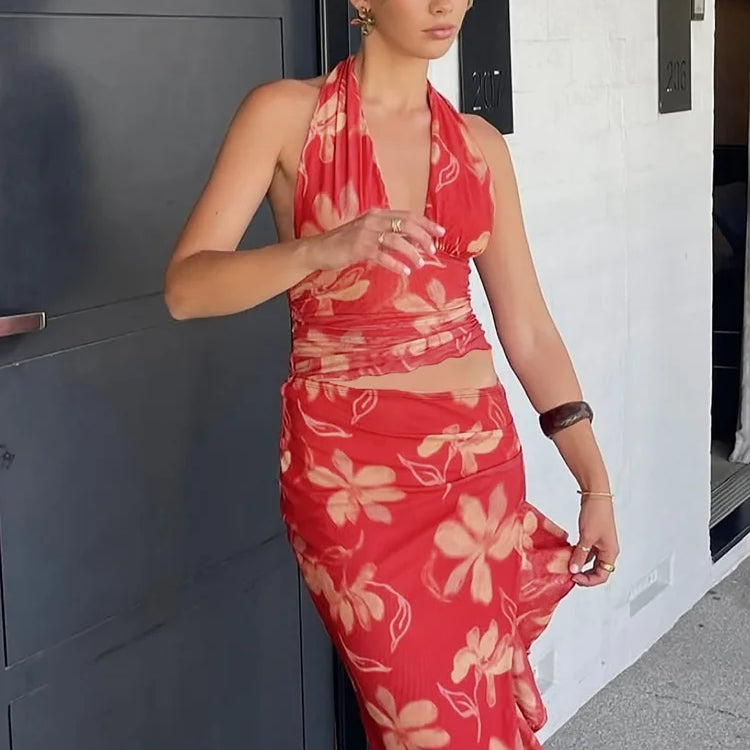 2025 Summer Retro Red Printing Slim Halter Tops Suit Elegant Lady Side Slit Ruffles Lace Midi Skirts Set New Vocation Beach Wear