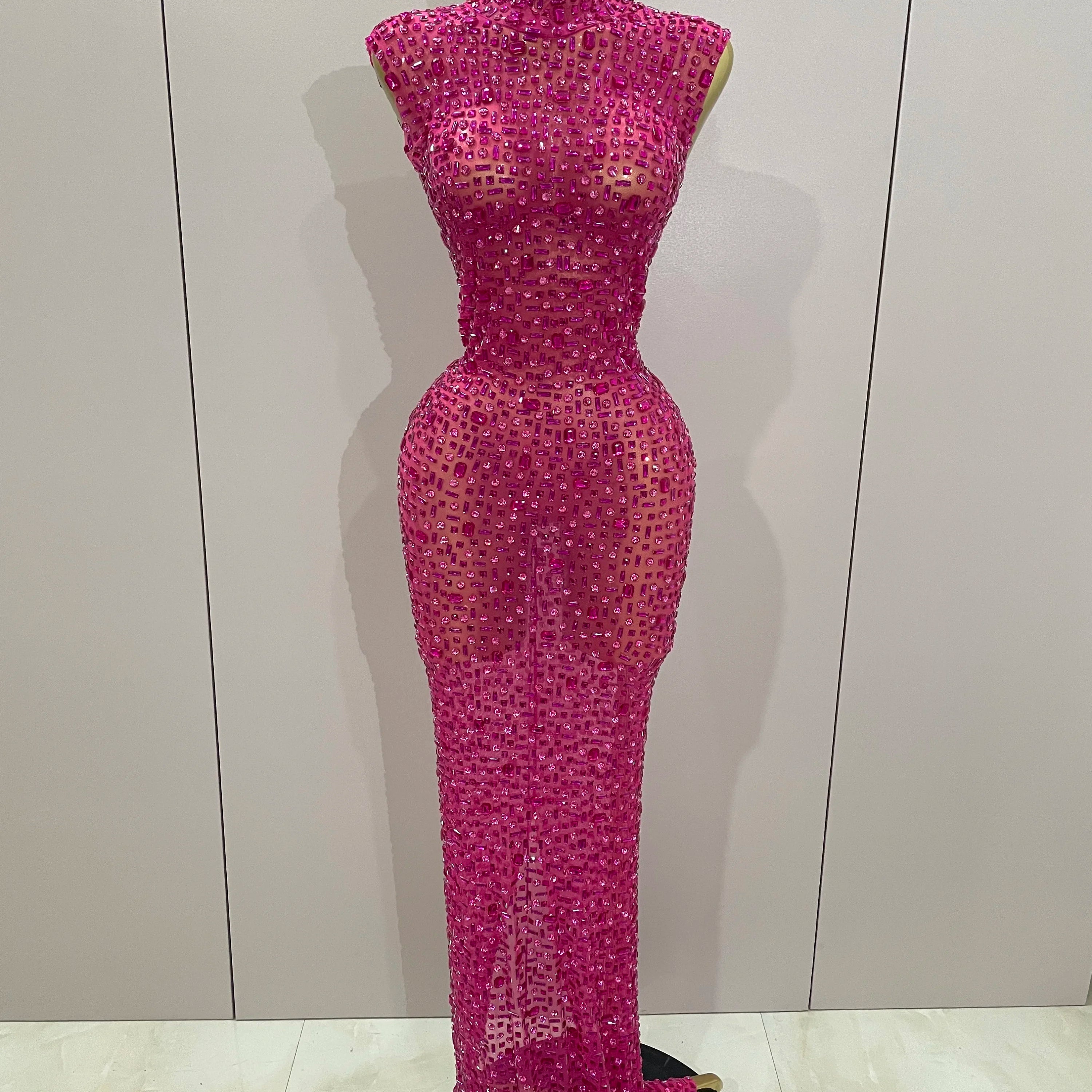 Sexy Sparkly Crystal Diamonds Mesh See Through Long Dress 2025 New Women Elegant Party Costume Singer Stage Performance Outfit Rose Red