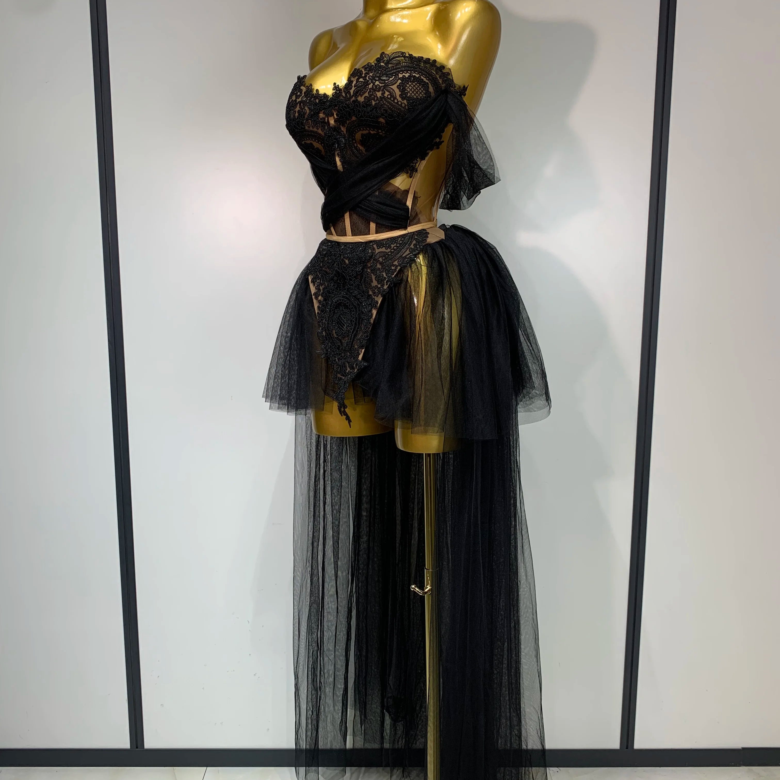 2025 New Arrived Sexy Cute Mesh Tops Skirt 2 PCS Set Women Celebrate Party Birthday Nightclub Performance Stage Show Outfit