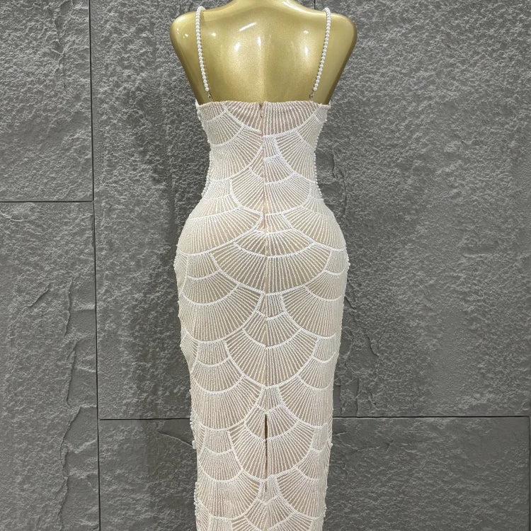 Hot Sale Women Sleeveless Sexy Strap Pearl Beading Bodycon Long Dress Celebrate Evening Party Birthday Cocktail Outfit