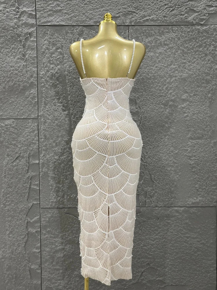 Hot Sale Women Sleeveless Sexy Strap Pearl Beading Bodycon Long Dress Celebrate Evening Party Birthday Cocktail Outfit