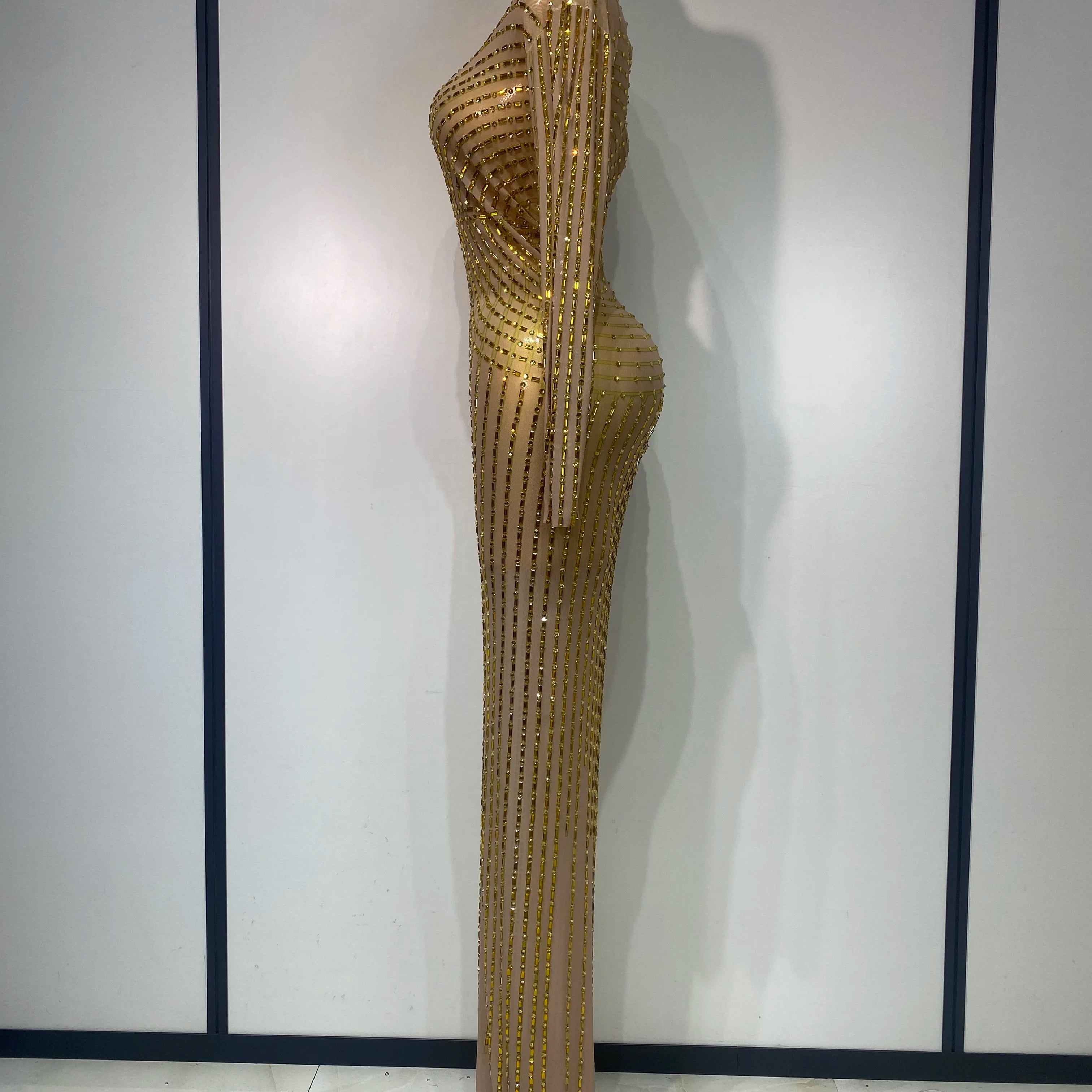 Sexy Long Sleeve Mesh See Through Gold Silver Maxi Dress Evening Party Singer Costume Stage Performance Luxury Birthday Dress