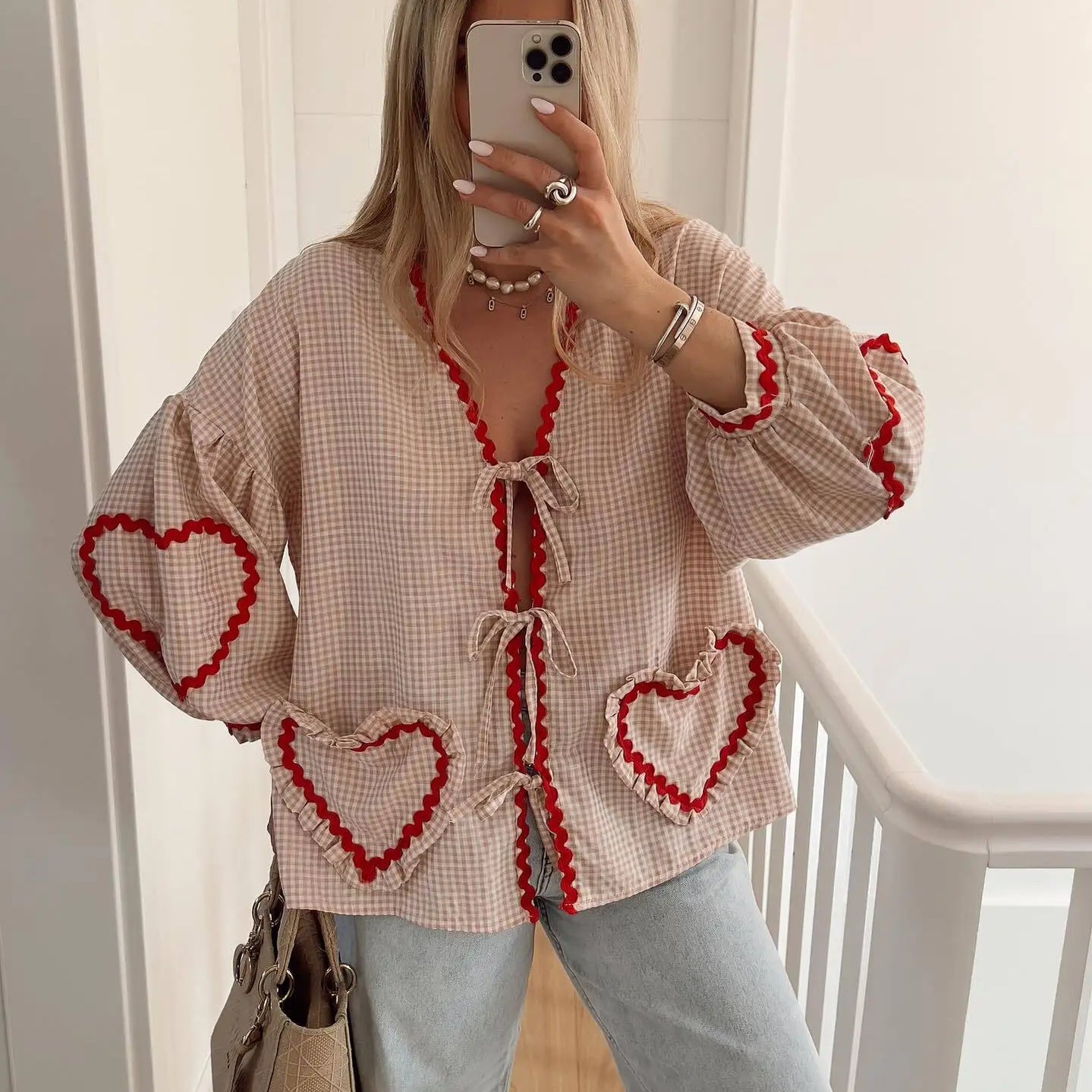 Vintage Women Loose Heart Pockets Shirts Fashion Ladies Casual V Neck Bow Buttons Blouses for Female Chic Tops Clothes