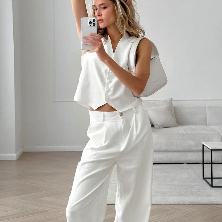 Mnealways18 White Elegant Cotton Pants Sets Two Pieces Women Linen Blazers Tops And Wide Legs Pants Summer Office Ladies