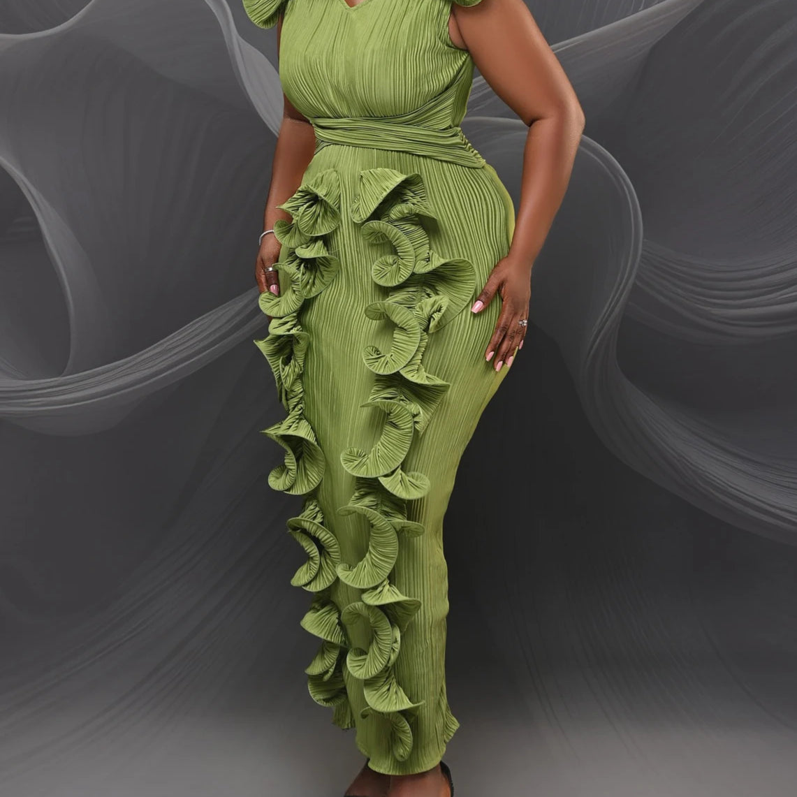 CM.YAYA Women Ruffles Splicing V-neck Sleeveless Bodycon Midi Pleated Maxi Long Dress 2025 Birthday Sexy Club Party Even Dresses