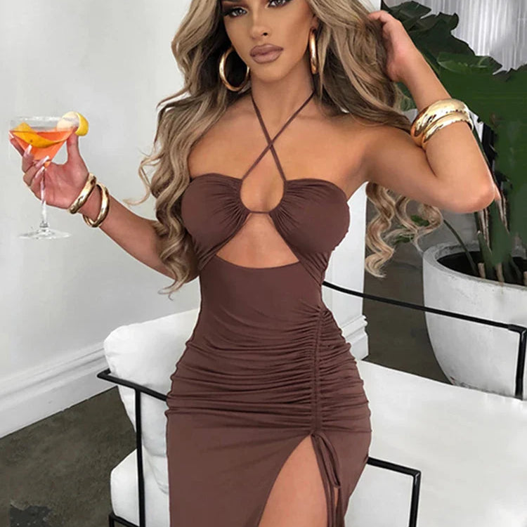 Summer Sexy Halter Backless Sleeveless Cut Out Maxi Dress for Women Ruched Elegant Club Party Slit Dresses Bandage Vestido 2023