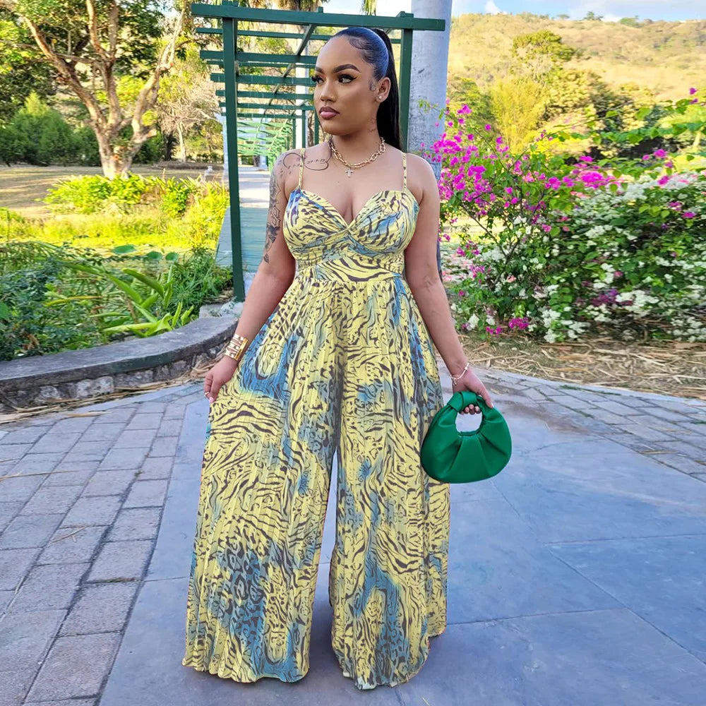 Women Leopard Spaghetti Strap Loose Wide Leg Sleeveless Jumpsuit 2023 Summer Street Playsuit One Piece Suit Romper Light Yellow