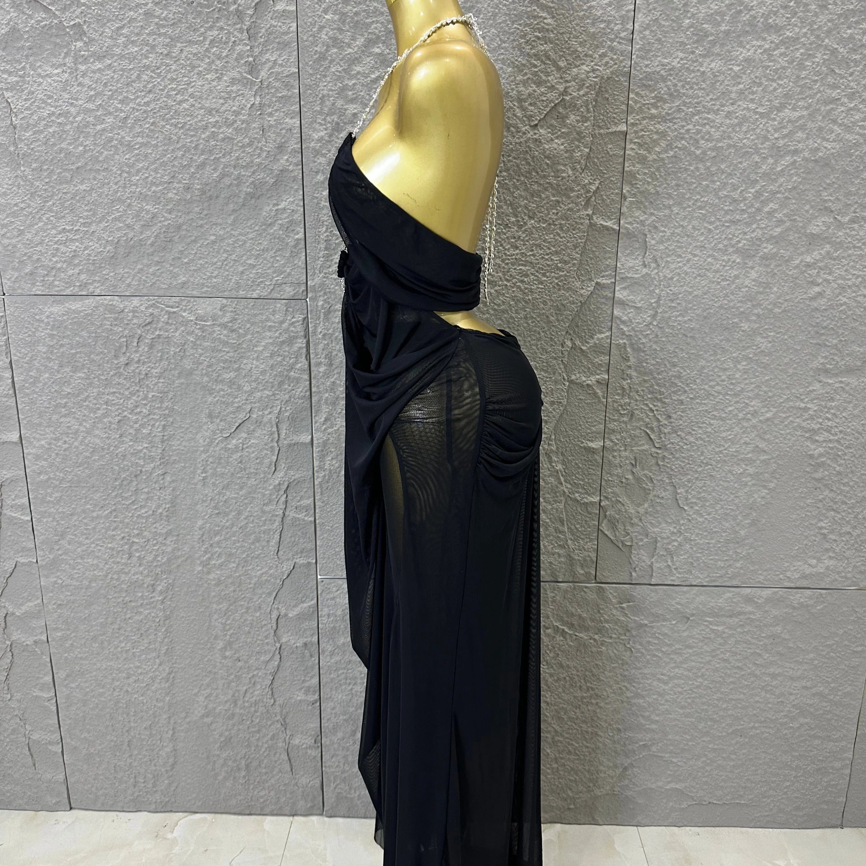 Sexy Halter Neck Maxi Dress Crystal Chain Cutout Ruched Women Sheer Mesh Form Outfit Glamorous Evening Gala Party Costume