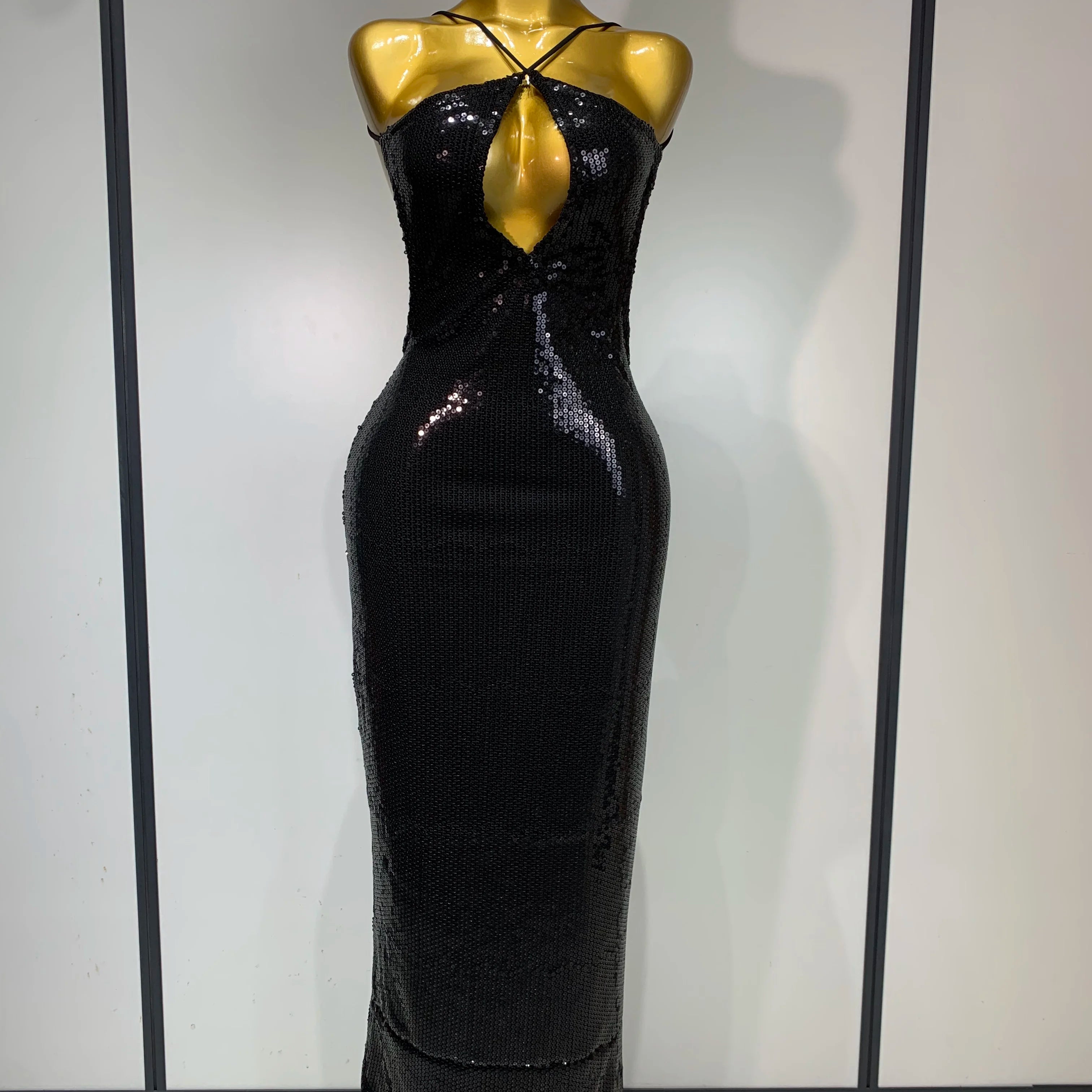 Luxury Sexy Backless Halter Gold Glitter Sequins Maxi Long Dress Elegant Sparkly Evening Party Club Dress Wedding Guest Gown black