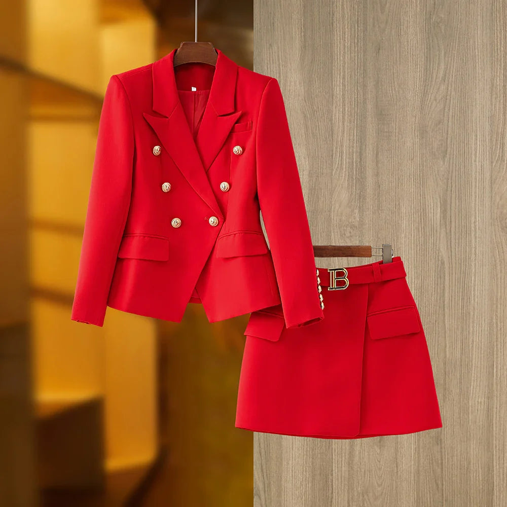 HarleyFashion Gorgeous Design Women 2PCS Blazer Suits Solid Color Summer Blue Skirt Twin Sets Mini Street Clothing for Lady Red
