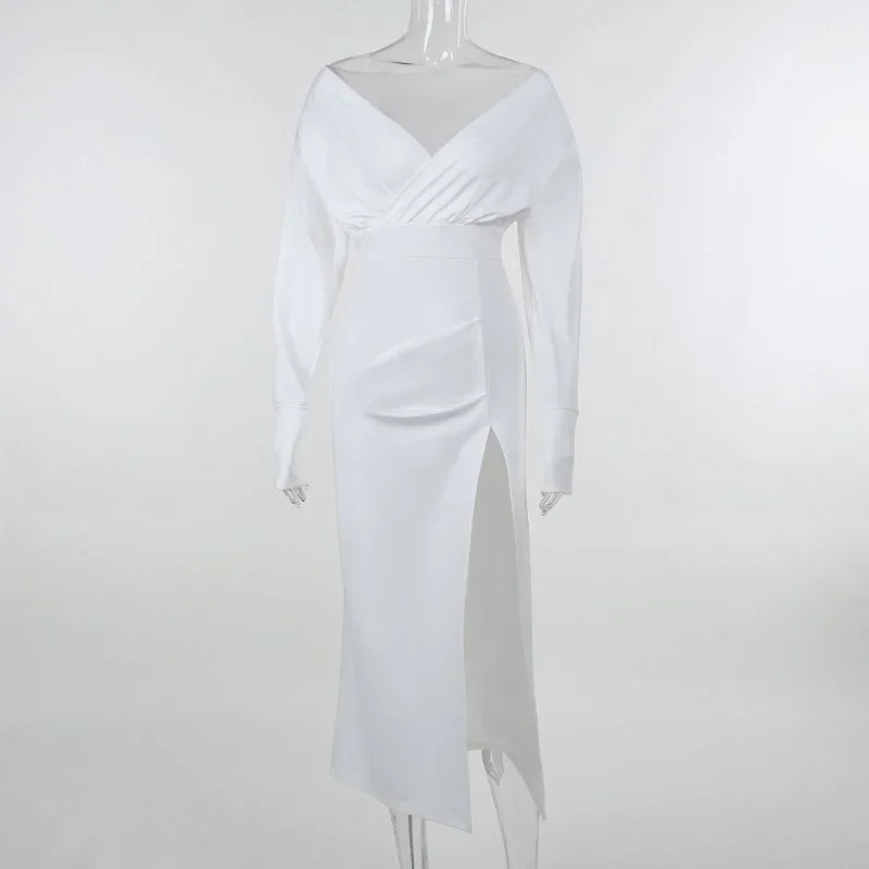 Sexy Women Long Sleeve V-neck Evening Dresses Ladies Elegant Slim Fit High Split Pleated Dress Party Club Outfits Prom Dress