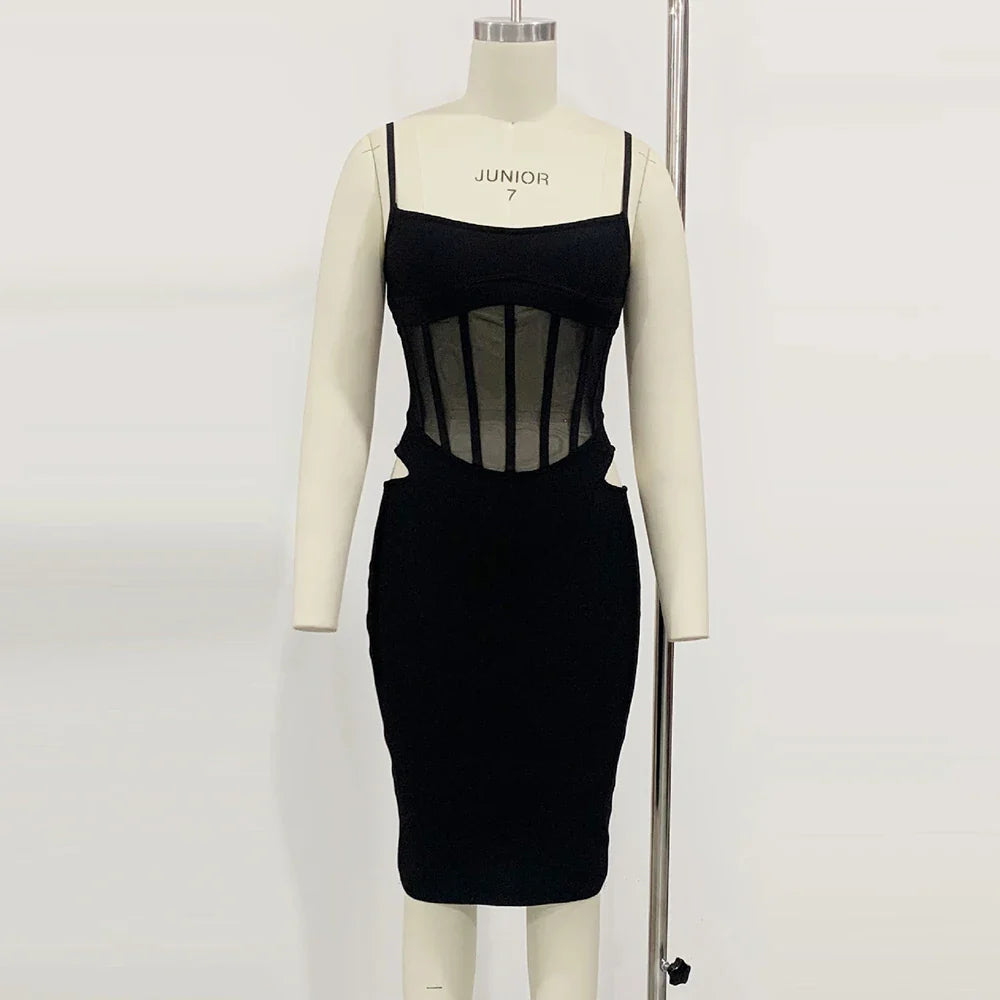 Ailigou New Summer Women's Sexy Sleeveless Tight Fit Midi Bandage Dress with Hollow Lace Elegant Celebrity Party Club Dress black