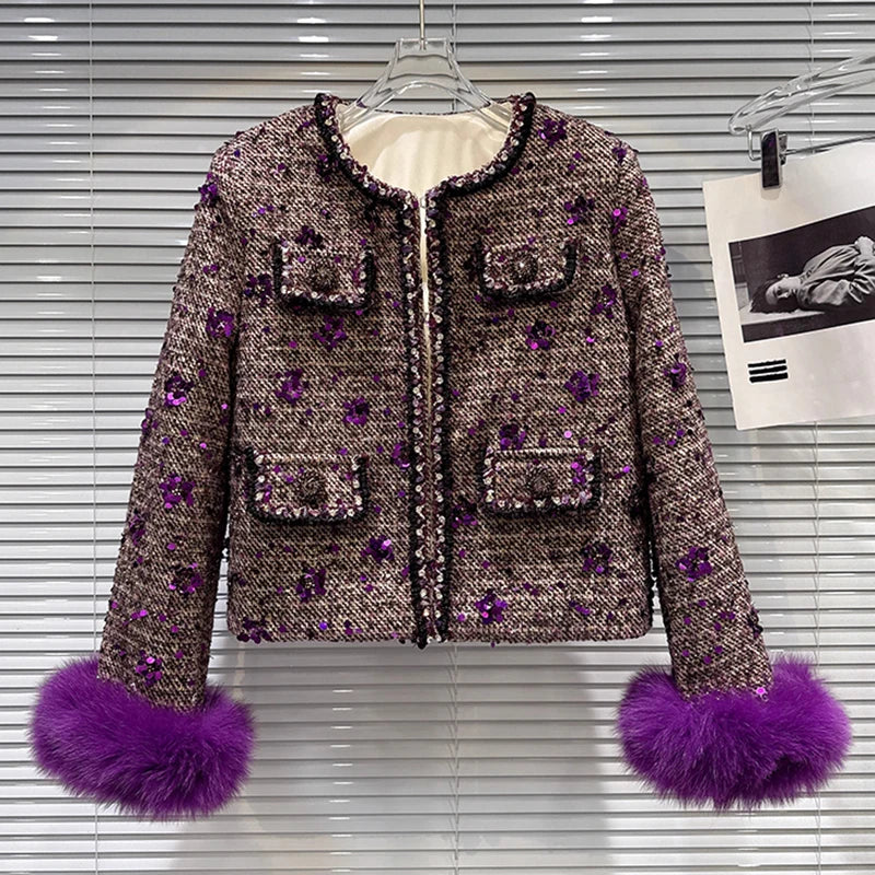 Winter New Fashion High-End Fox Fur Cuff Sequin Tweed Cotton Lined Short Coat For Women Elegant Jacket Female 11A07859 Purple