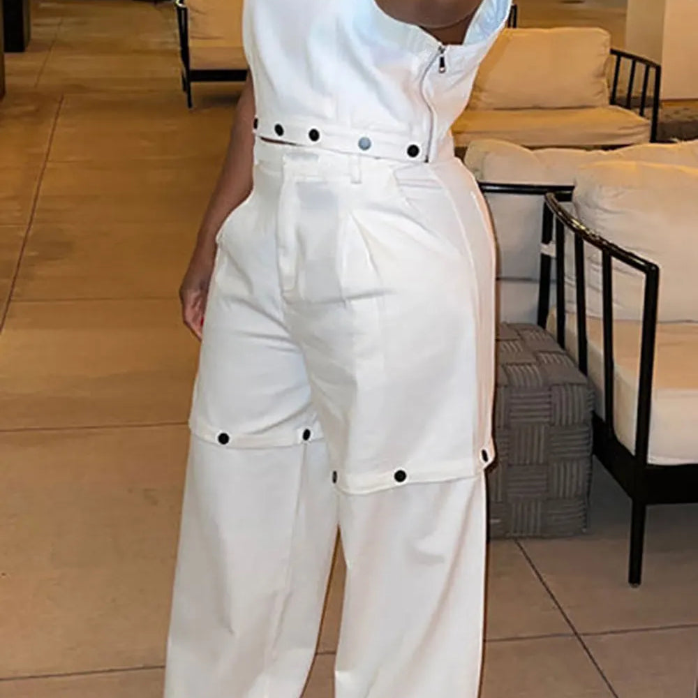 Flycurvy Plus Size Casual Pant Set White Round Neck Detachable Two Piece Pant Set With Pocket