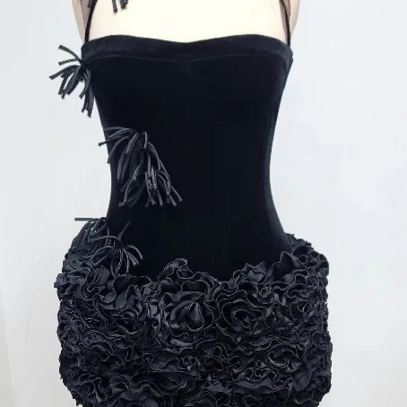 Black Red Women Sexy Strapless Laced up Tops Florals Ball Gown Mini Dress 2 Pieces Celebrate Nightclub Party Outfit Vestido