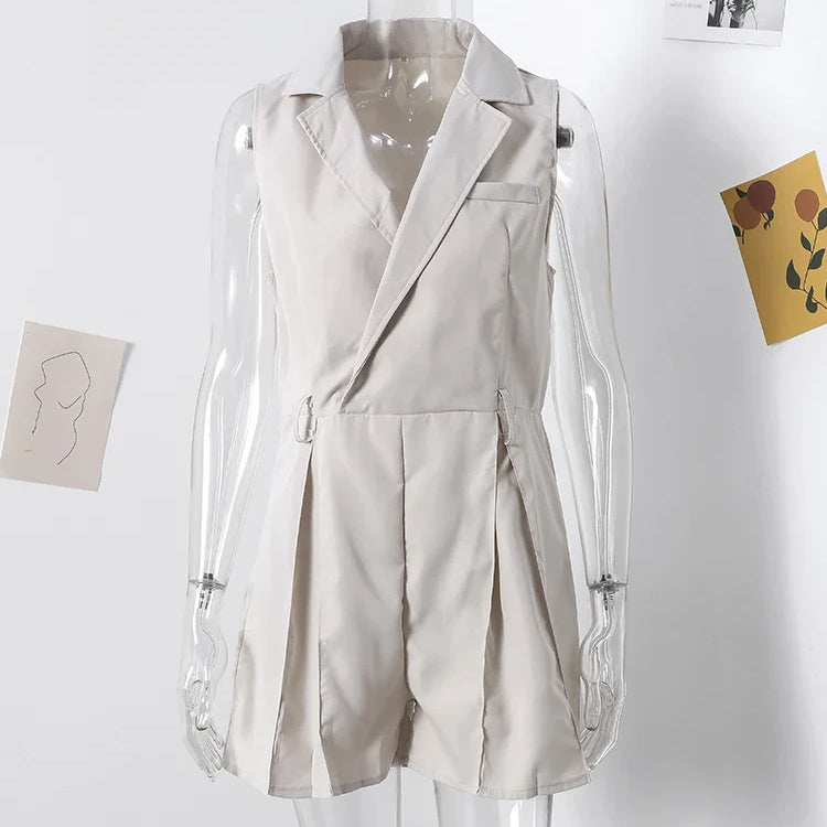 Elegant Women's Jumpsuit With Belt Fashion Sleeveless Turndown Collar Slim Short Jumpsuits Female Sping Summer Lady Romper