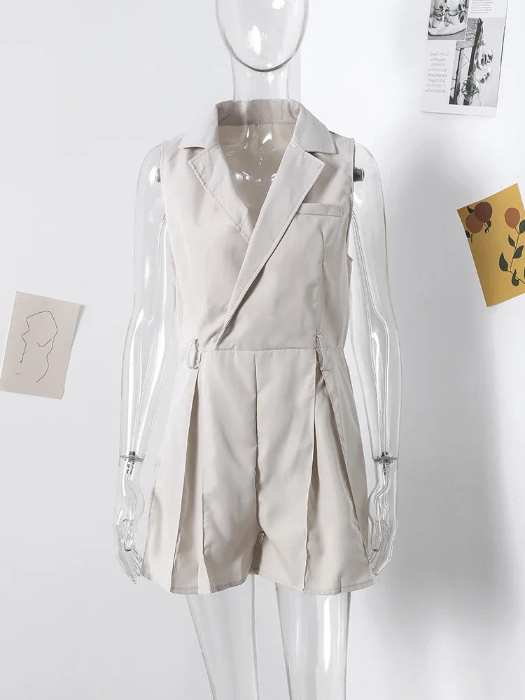 Elegant Women's Jumpsuit With Belt Fashion Sleeveless Turndown Collar Slim Short Jumpsuits Female Sping Summer Lady Romper