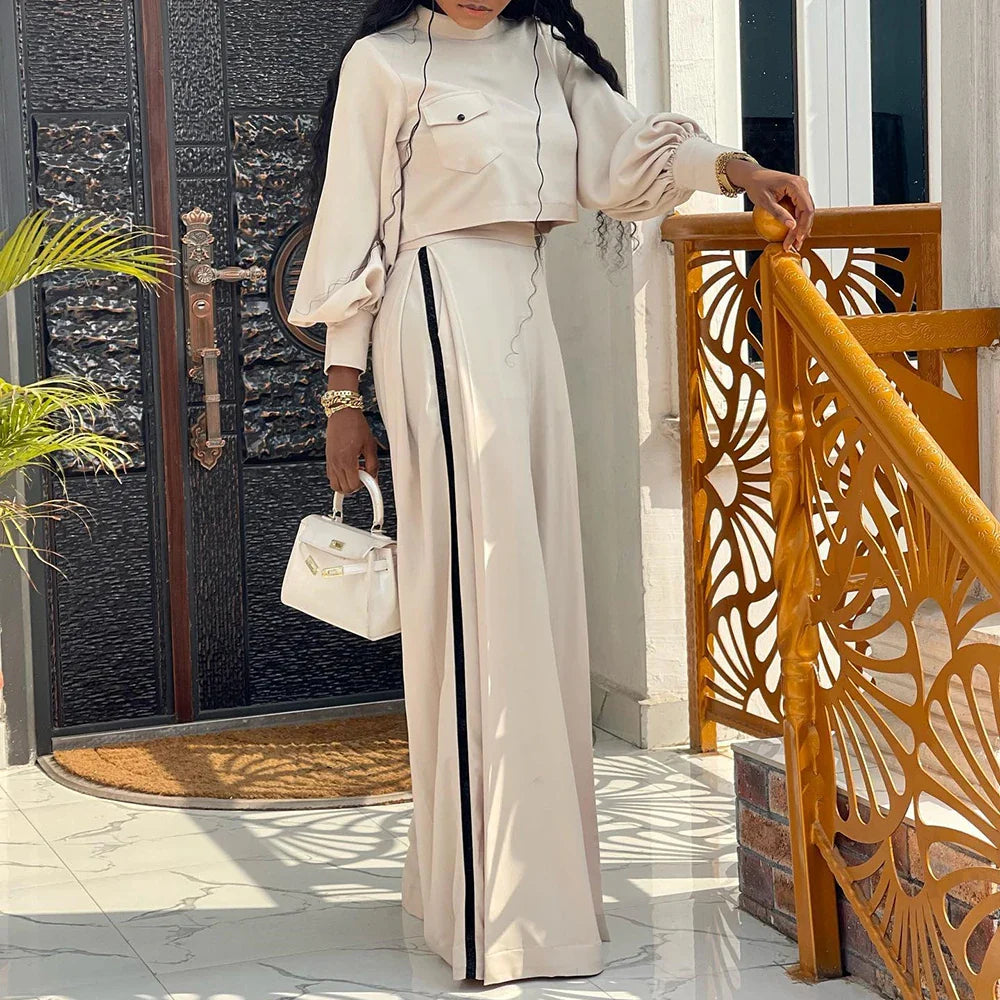 Autumn New Women Large Size Loose And Elegant Half High Collar Fashionable Long Sleeved Tops Wide Leg Pants Casual Two Piece Set