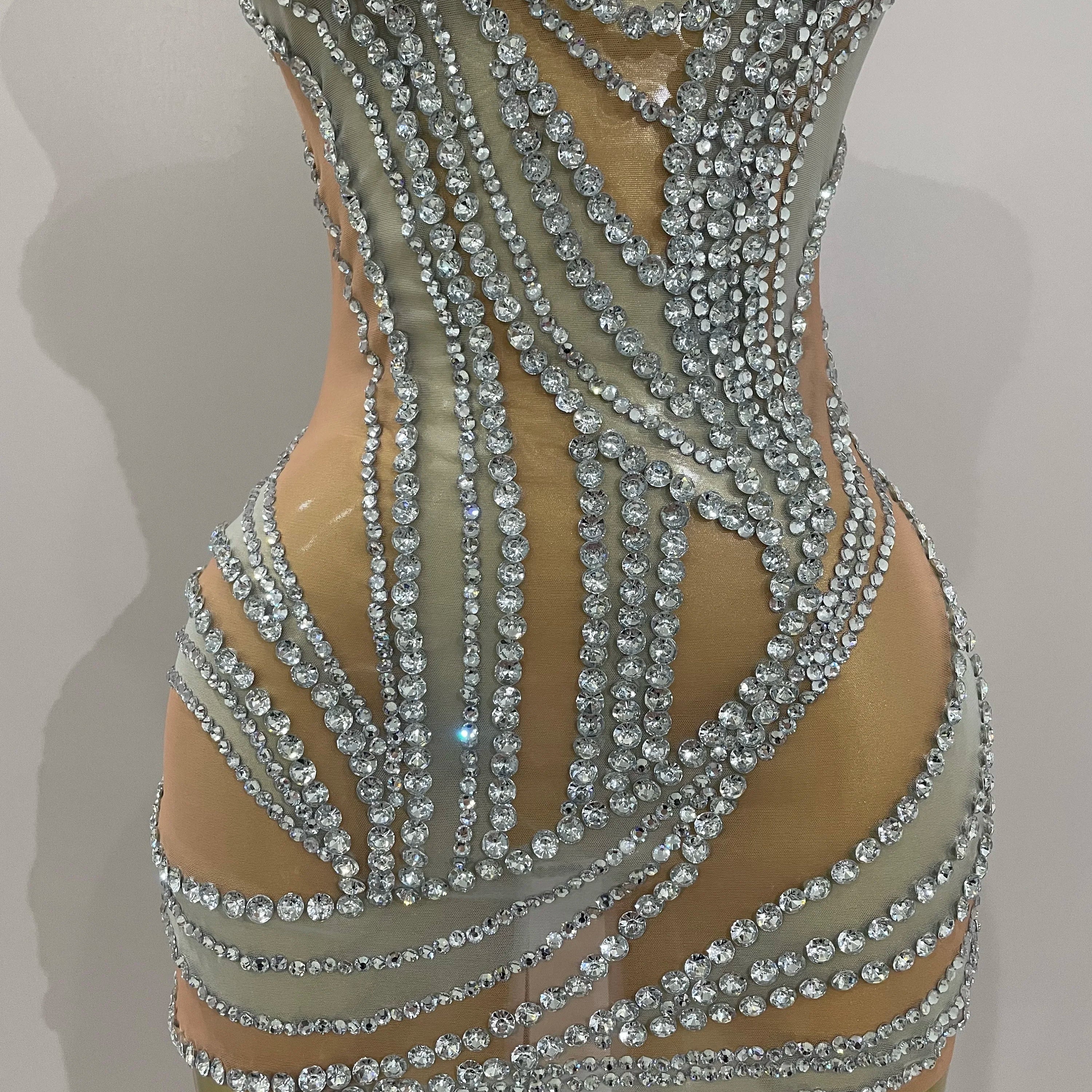 Luxury Sparkly Crystals See Through Mini Dress 2025Women Celebrate Birthday Party Gowns Singer Performance Stretch Stage Costume