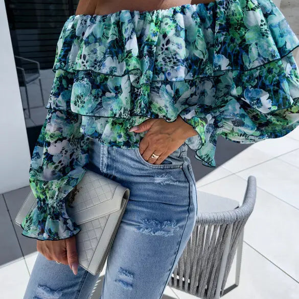 Summer Fashion Off Shoulder Printed Chiffon B LouseWomen Sexy Beach Style Slash Neck Ruffle Chiffon Blouse Women Green
