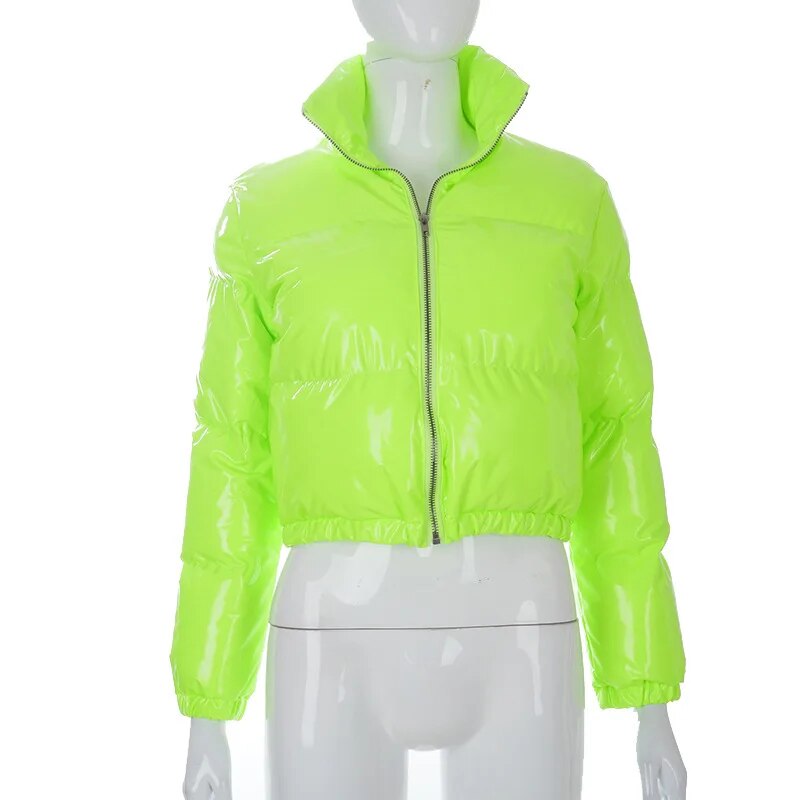 Winter New Women's Fashion Solid Color Zipper Bright Surface Warm Cotton-padded Jacket Top Light Green