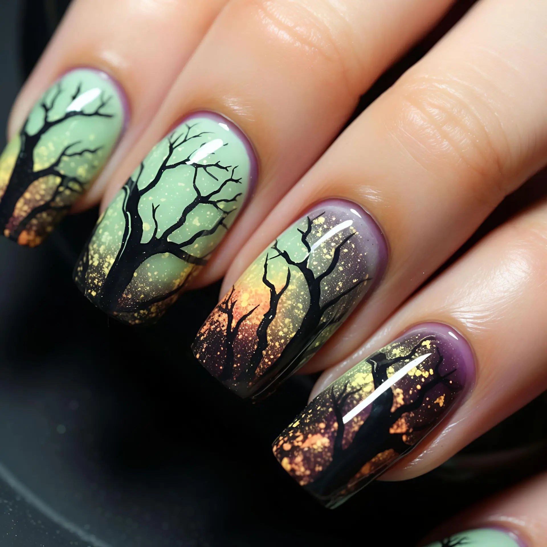 24pcs/set Short Medium fake nails for Halloween party Dead trees and crows bat Night sky Square almond tips press on false nail 2879