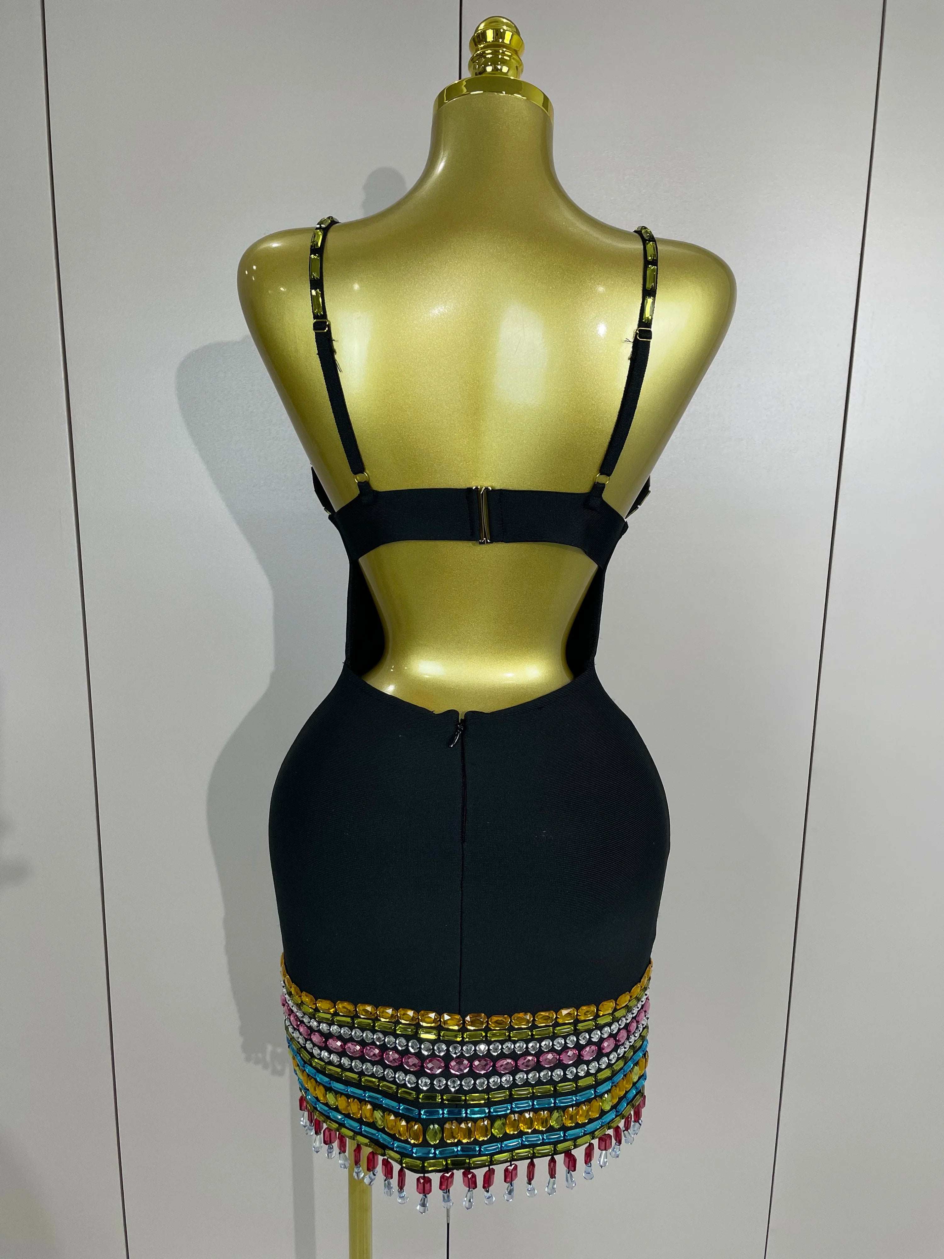 2025 Sparkly Colorful Diamonds V Neck Black Bodycon Bandage Dress Celebrity Elegant Evening Club Party Luxury Birthday Dresses