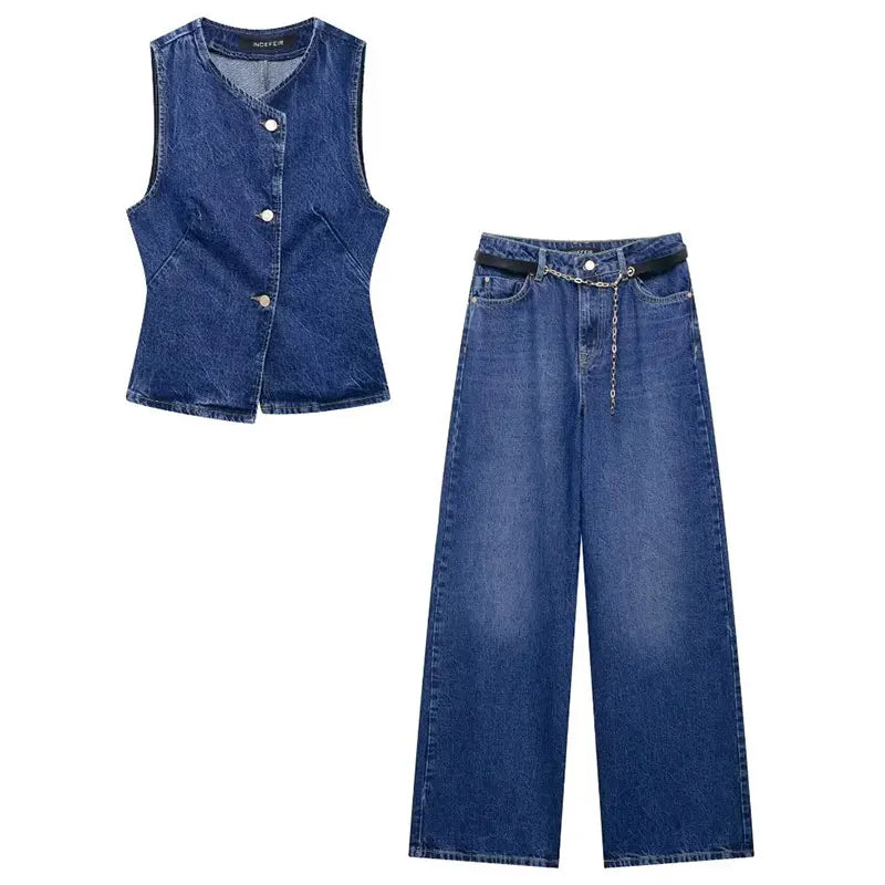 TRAFZA Summer Denim Trousers Set For Women Sleeveless Cropped Vest Top + Wild Basic Women's Wide Leg Long Pant Trendy denim suit
