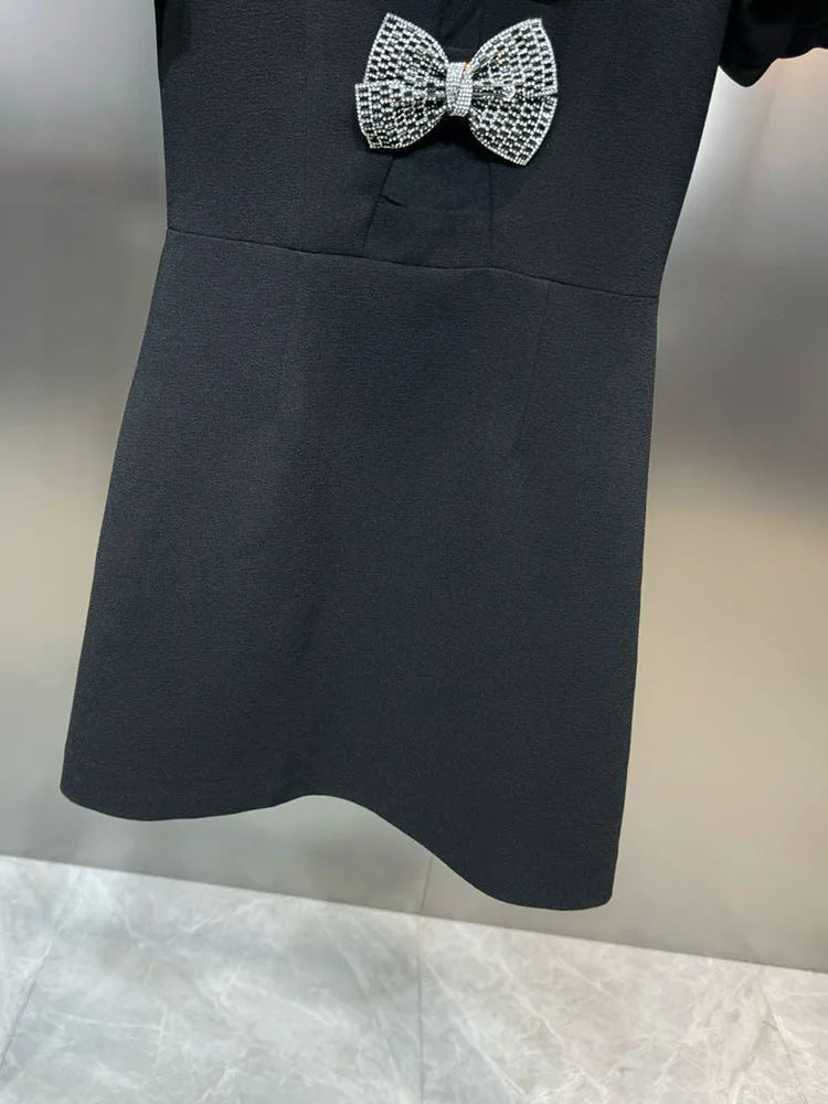 DEAT Fashion New Items Women's Diamonds Bows Hollow Out Spring Trendy Round Neck Puff Sleeves Dresses Female 11XX8796