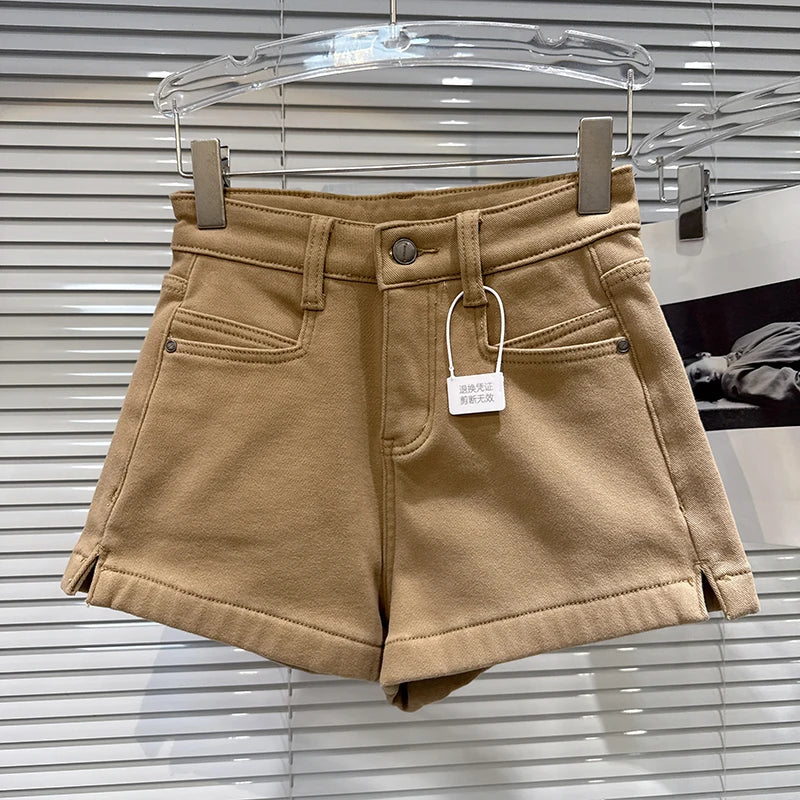 Winter New Street Style Solid Color Fleece-Lined Straight Shorts For Women Solid Color Wide-leg Short Pants 11A07807