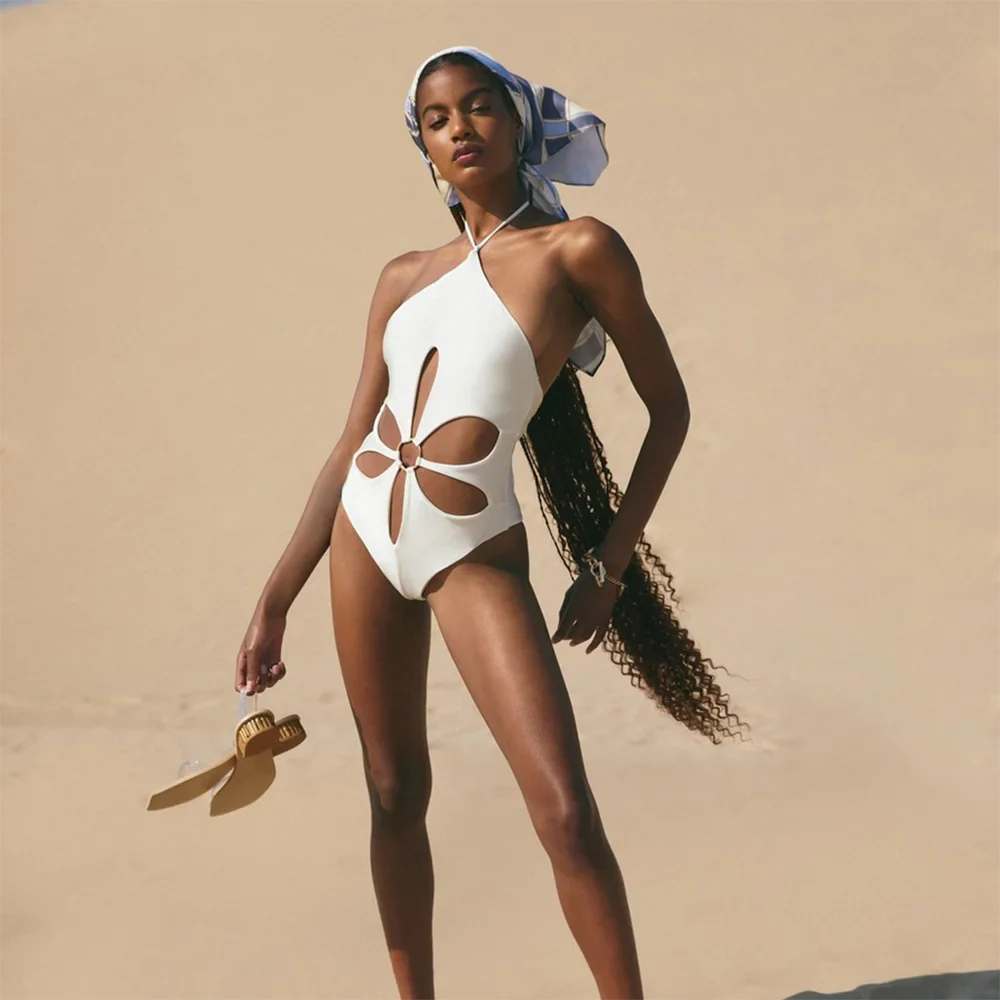 Triangle Tankini Cutout One-Piece Swimsuit Print Hollow Solid Color Flower Black White Single Piece Micro Monokini Sexy Bikini WHITE