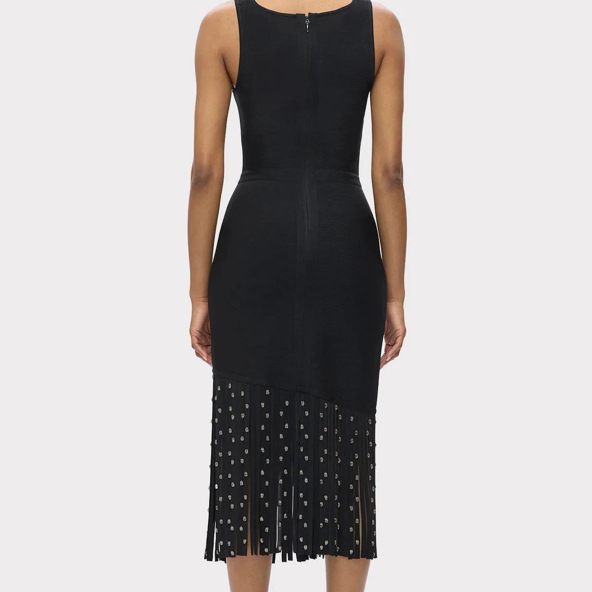 Top Quality Women Sleeveless Sexy O-Neck Shinning Crystal Tassel Bodycon Mid-calf Dress Fashion Celebrate Evening Party Outfit